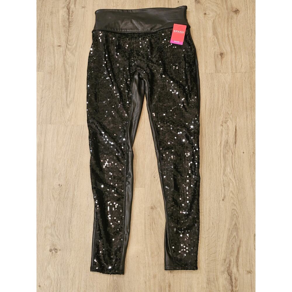 SPANX High Rise Faux Leather Sequin Leggings Large Black New With Tags